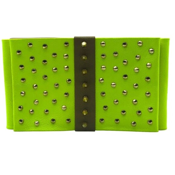 NWT Zayan Lime Gold Studded Clutch - Chic Designer Luxury Evening Handbag - Picture 1 of 5
